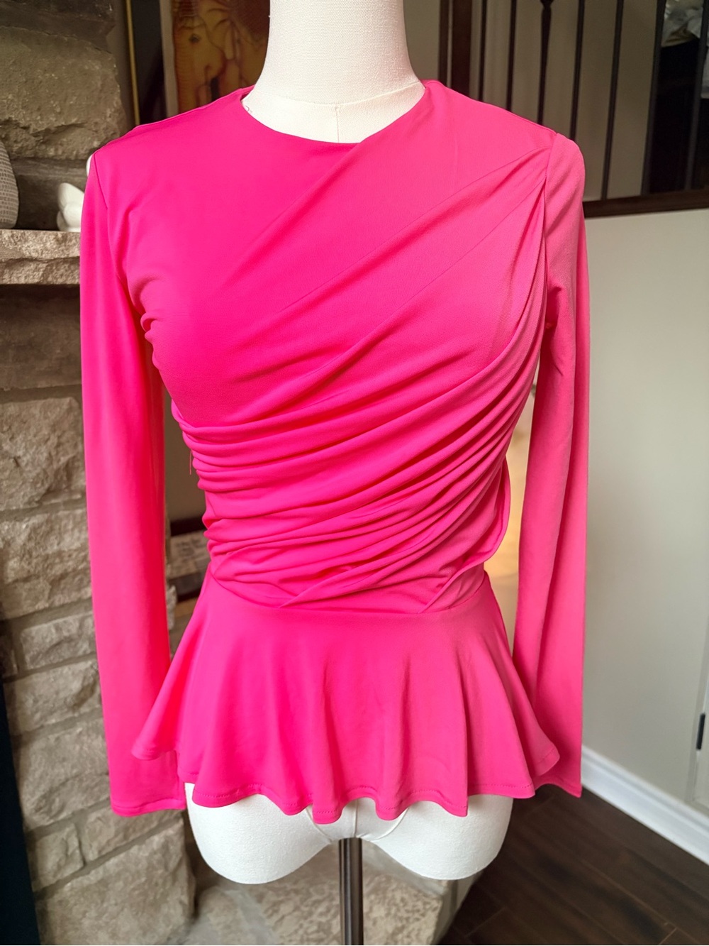 Hot Pink Ruched Long Sleeve Peplum Top Size 4